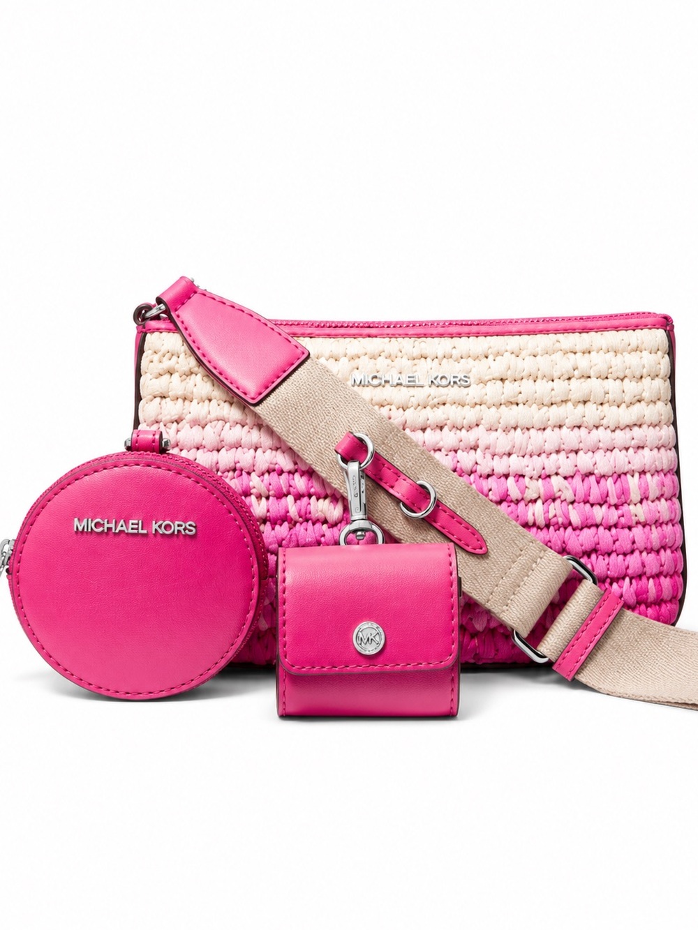 NWT Michael Kors Jet Set Small Ombré Straw Crossbody + AirPods Case Dragonfruit